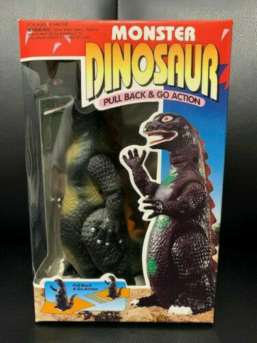 MONSTER DINOSAUR PULL BACK+GO ACTION GODZILLA VERY RARE IN ORIGINAL BOX COLLECTIBLE MEMORABILIA