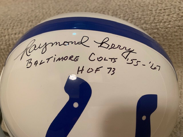 RAYMOND BERRY SIGNED FULL SIZE COLTS STAT HELMET+JSA RARE 2 INSCRIPTIONS