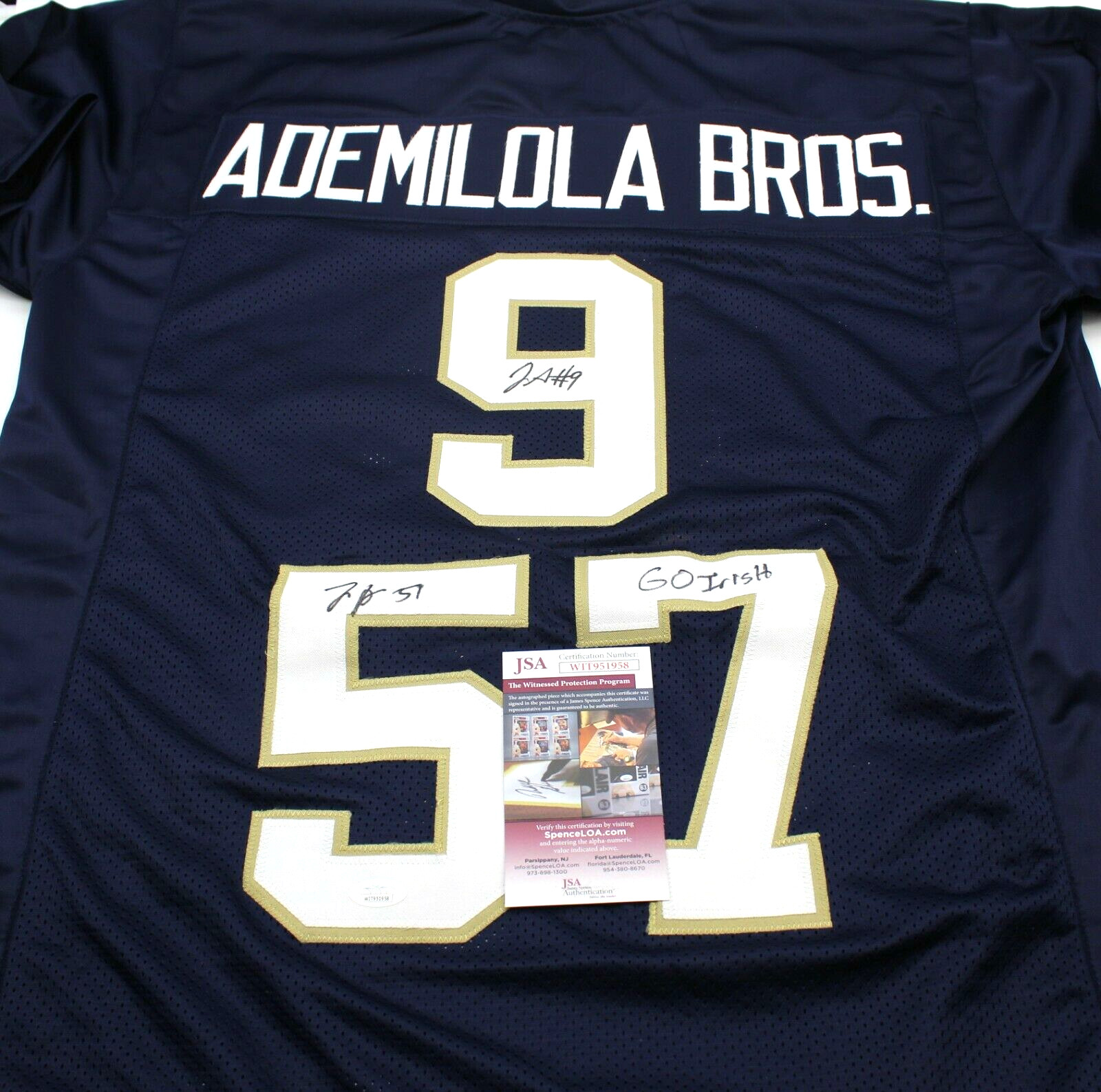 Justin & Jayson Ademilola Dual Signed Custom Blue Notre Dame Jersey w/JSA COA #1