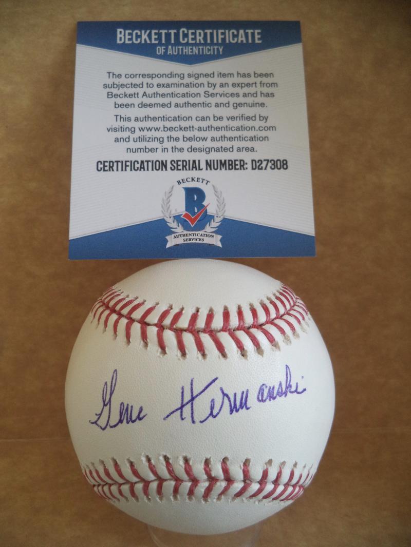 GENE HERMANSKI DODGERS/PIRATES/CUBS SIGNED AUTO M.L. BASEBALL BECKETT D27308