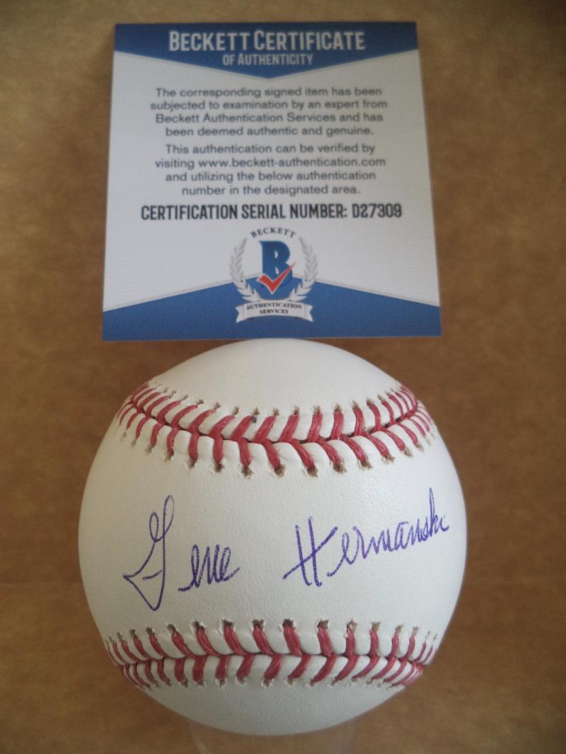 GENE HERMANSKI DODGERS/PIRATES/CUBS SIGNED AUTO M.L. BASEBALL BECKETT D27309