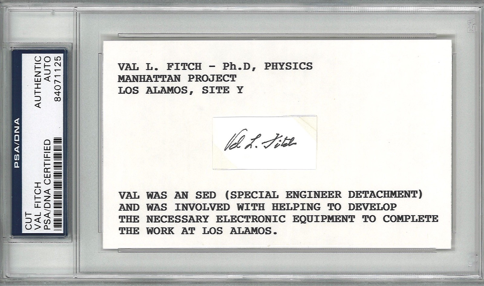 VAL FITCH SIGNED INDEX CARD PSA DNA 84071125 (D) MANHATTEN PROJECT LOS ALAMOS
