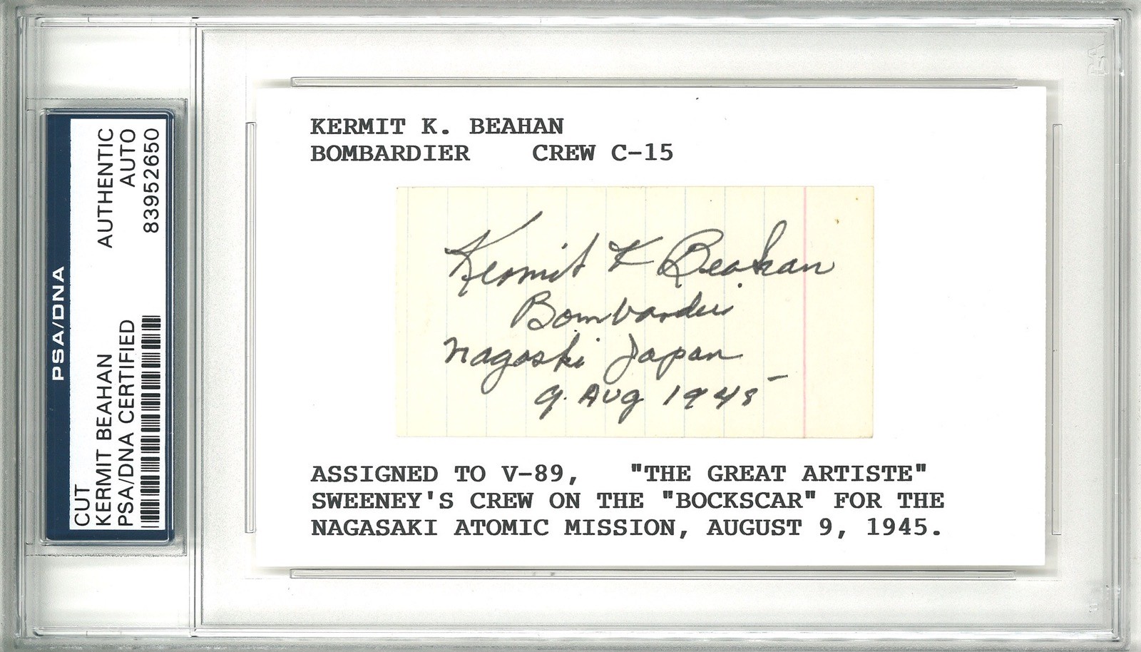 KERMIT BEAHAN SIGNED CUT SIGNATURE PSA DNA 83952650 (D) BOCKCAR BOMBADIER 8/9/45
