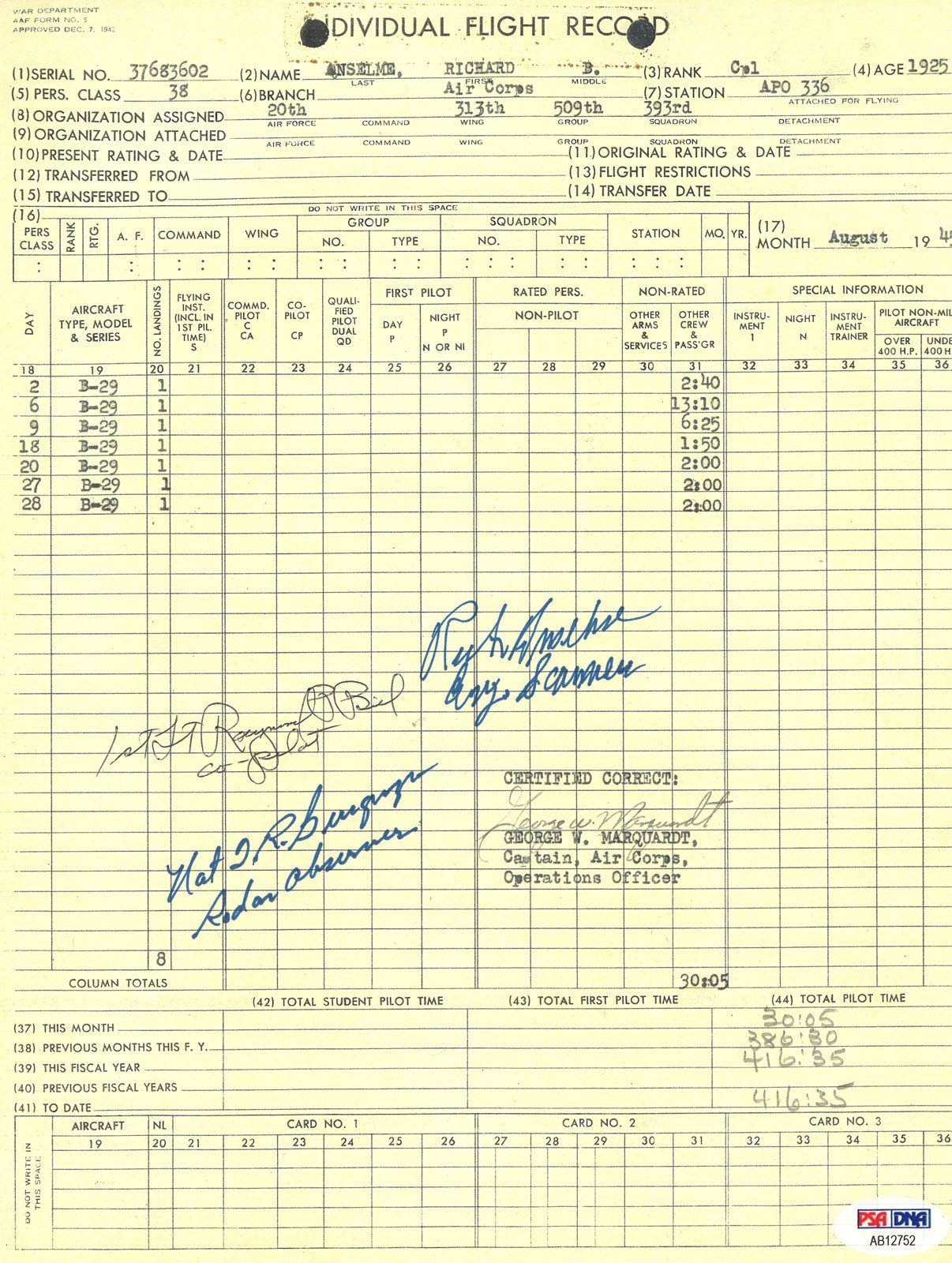 ANSELME / BIEL / BURGWYN SIGNED FLIGHT RECORD PSA DNA AB12752 ATOMIC BOMB
