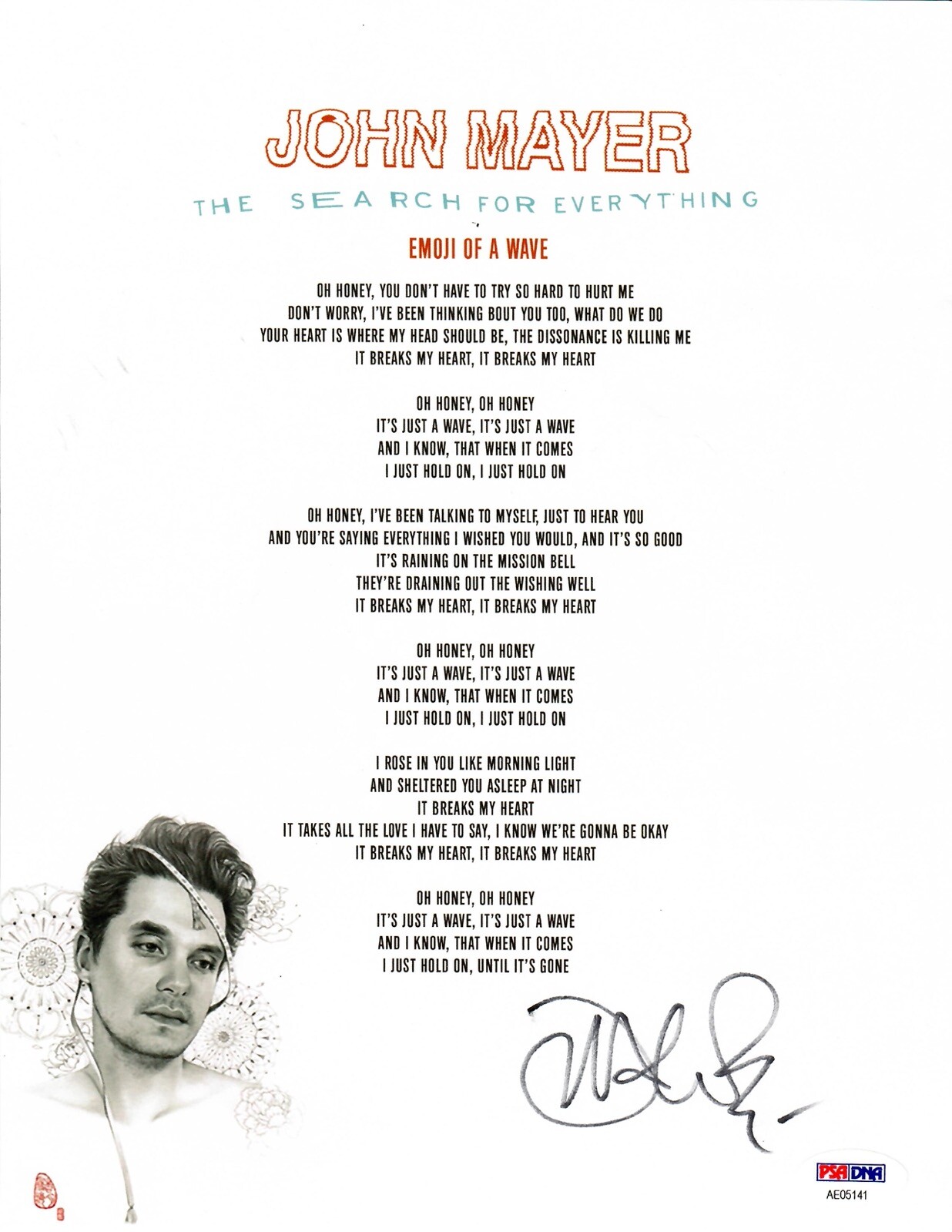 JOHN MAYER SIGNED EMOJI OF A WAVE LYRIC SHEET PSA DNA AE05141 FULL LETTER
