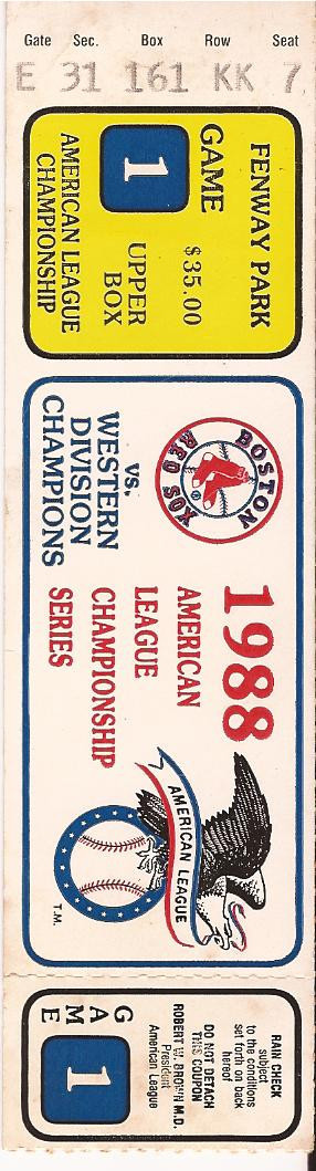 1988 AMERICAN LEAGUE CHAMPIONSHIP SERIES TICKET STUB GAME 1 BOSTON RED SOX
