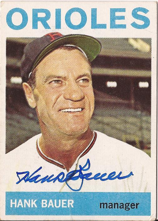 HANK BAUER BALTIMORE ORIOLES DECEASED SIGNED 1964 TOPPS CARD #178 W/COA
