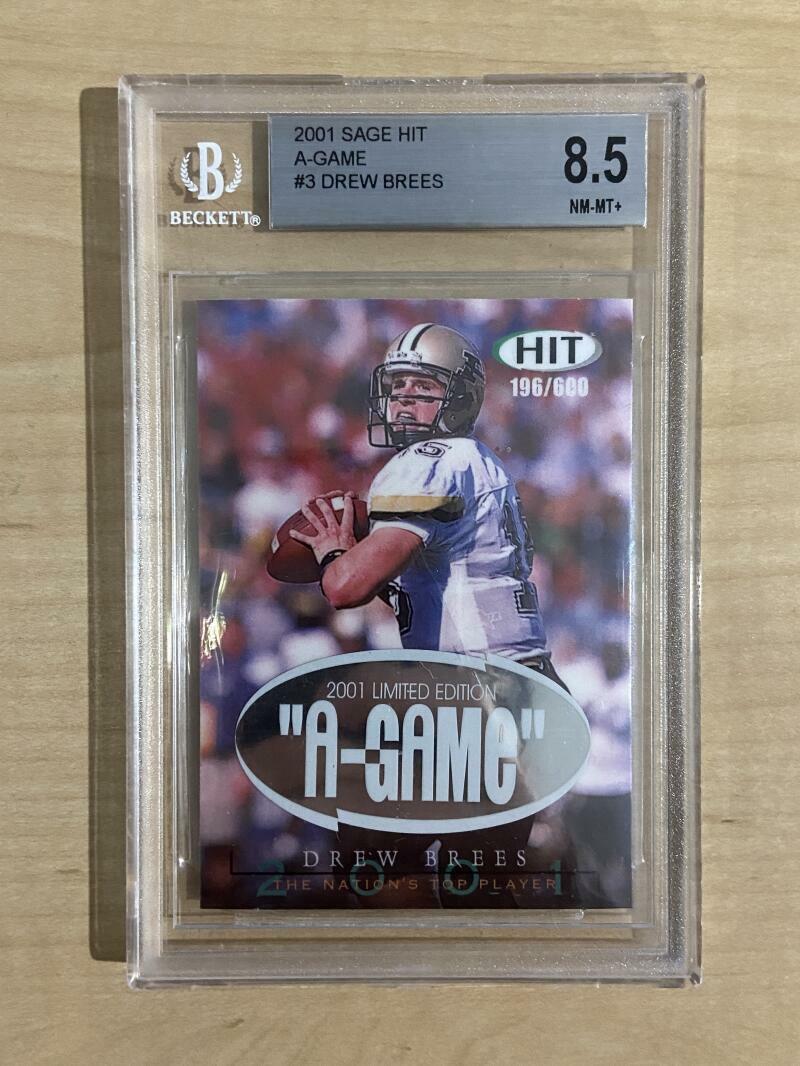 2001 SAGE HIT A-GAME DREW BREES HIT 196/600 BECKETT 8.5
