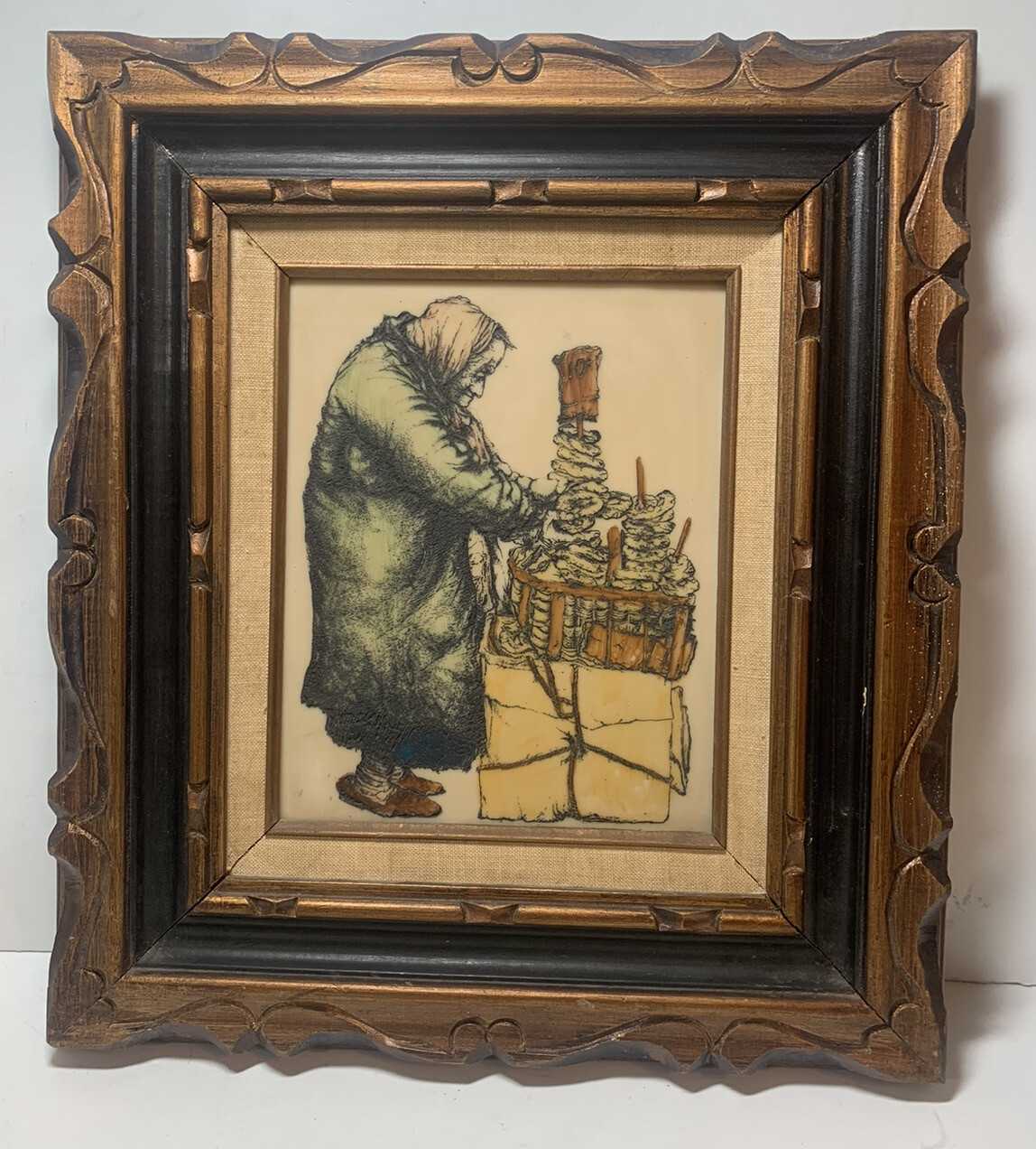 Jacob Samuels Signed Framed Woman Pretzel Vendor Art Etching
