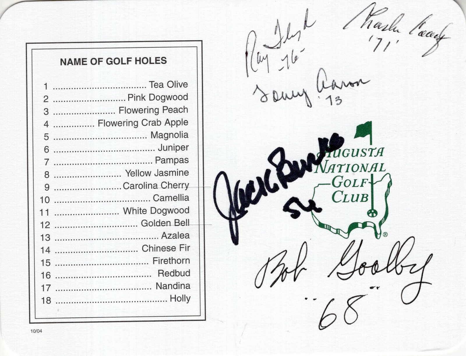 RAY FLOYD+BURKE+COODY+GOALBY+AARON HAND SIGNED MASTERS GOLF SCORE CARD JSA
