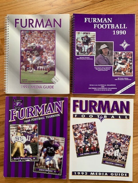 FURMAN FOOTBALL LOT OF 4 MEDIA GUIDES FROM 1990, 1991, 1992+1996 LOT OF 4 COLLECTIBLE MEMORABILIA