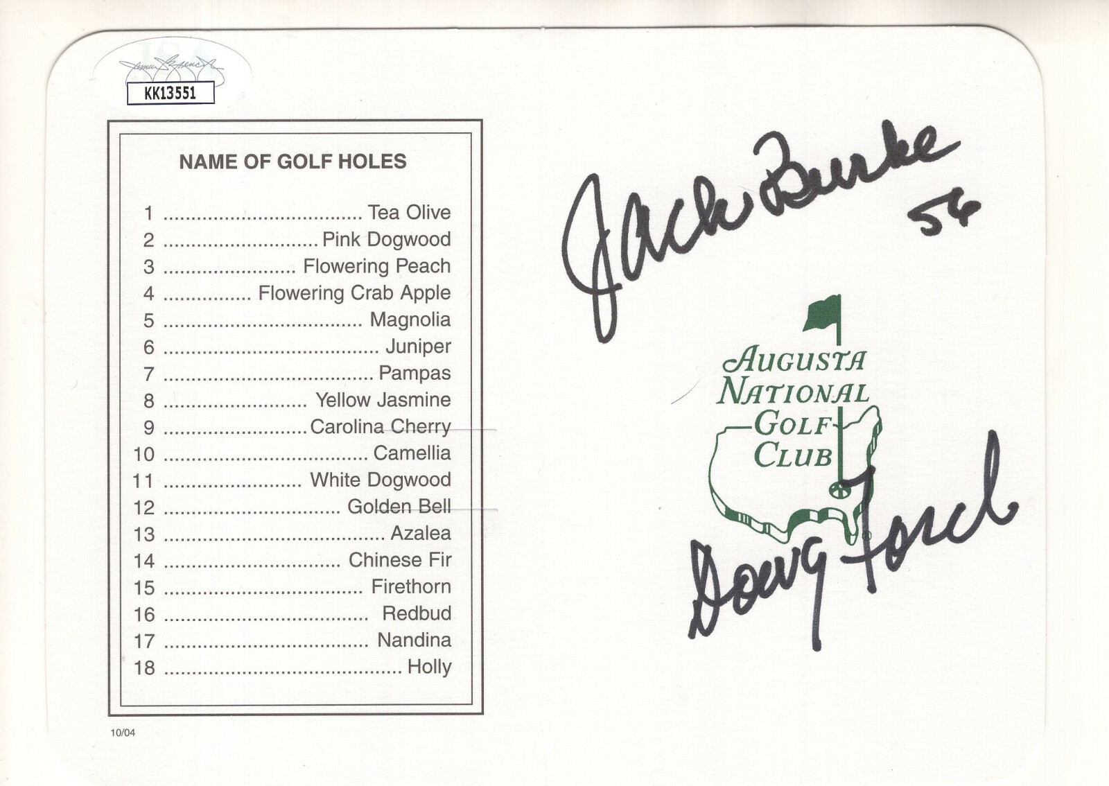 JACK BURKE+DOUG FORD HAND SIGNED GOLF MASTERS SCORE CARD VERY RARE JSA
