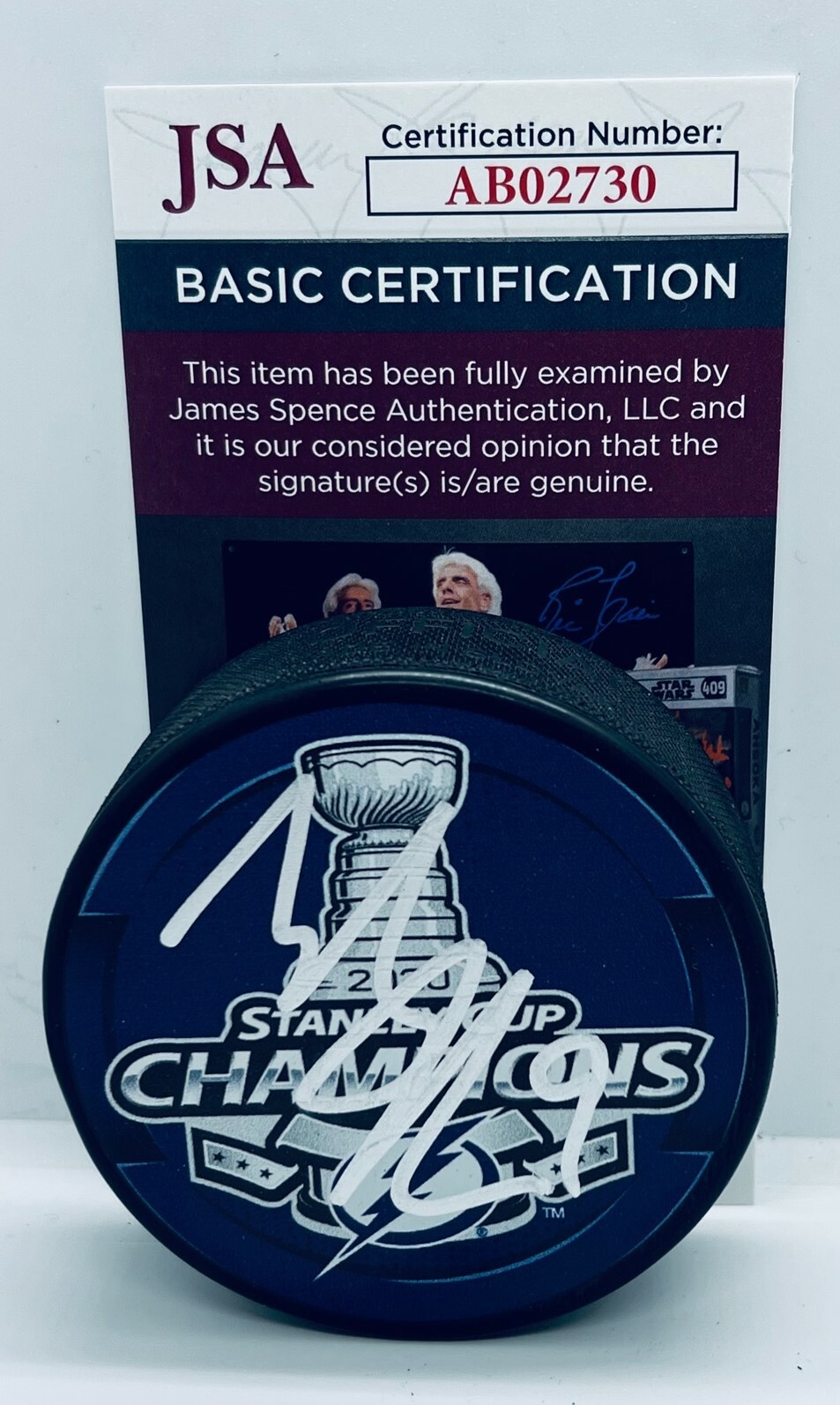 Tyler Johnson signed Tampa Bay Lightning 2020 Stanley Cup Champs Puck JSA