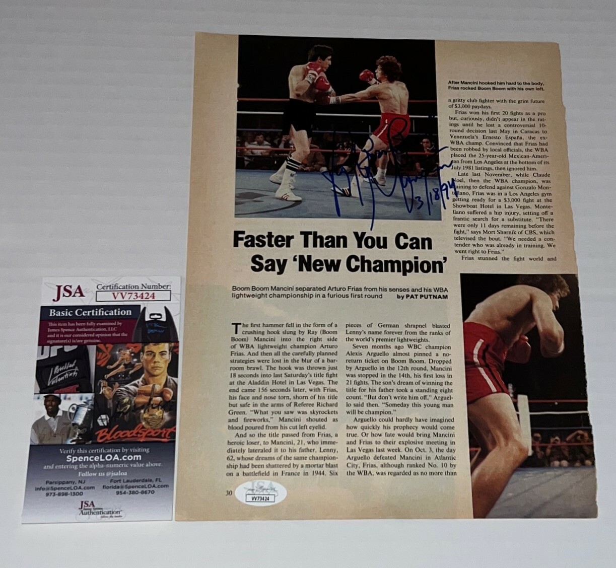 opens in new window or tab
Ray Mancini Boom Boom signed Magazine Page Boxing Champ autographed JSA