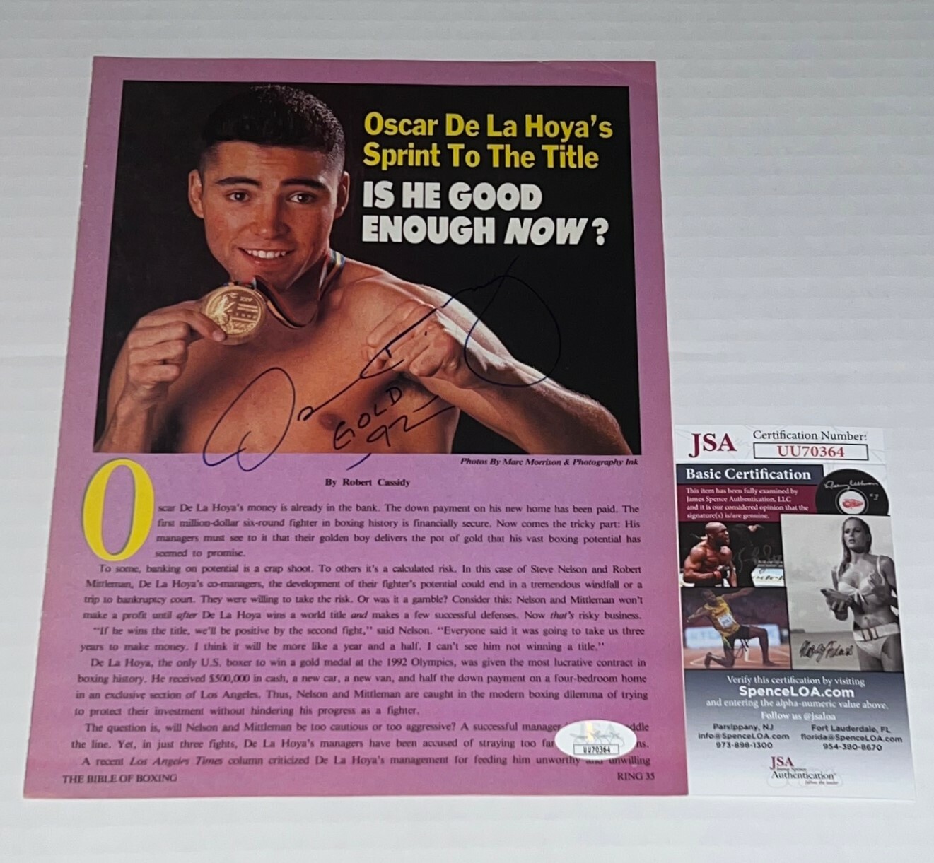 opens in new window or tab
Oscar De La Hoya signed Vintage Magazine Page Boxing Champ autographed JSA