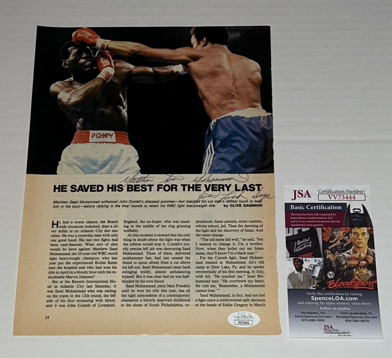 Matthew Saad Muhammad signed Magazine Page Boxing Champ autographed JSA