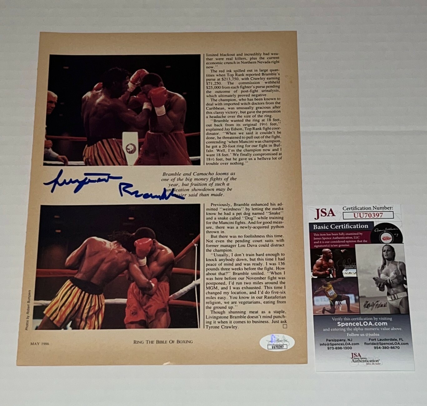 Livingstone Bramble signed Magazine Page Boxing Champ autographed JSA