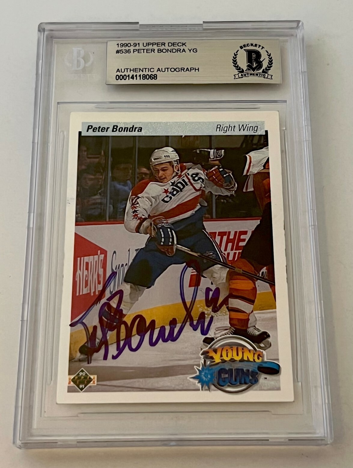 Peter Bondra signed 1990 Upper Deck #536 Rookie Card Young Guns RC Beckett
