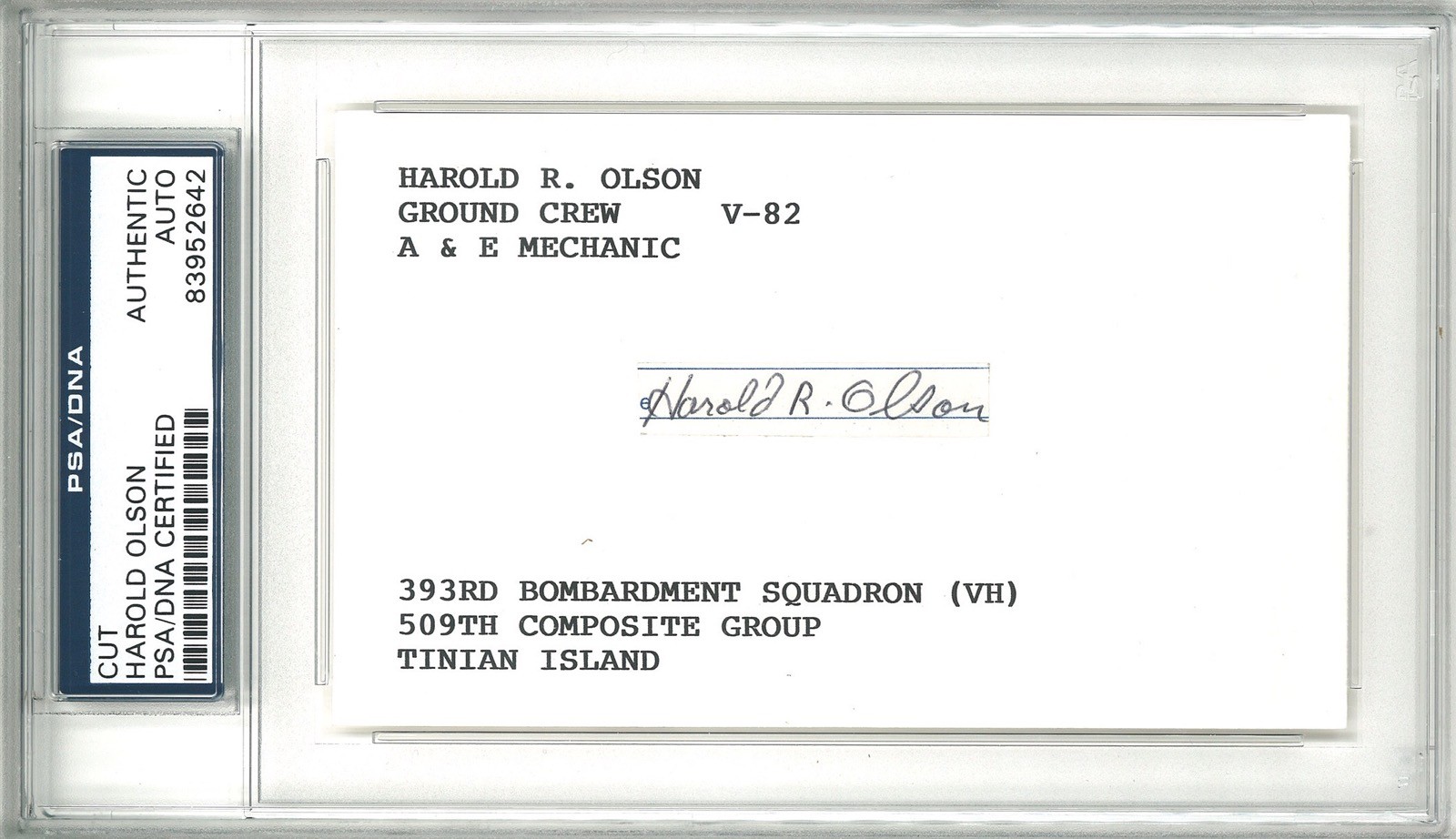 HAROLD OLSON SIGNED INDEX CARD PSA DNA 83952642 (D) ENOLA GAY GROUND CREW
