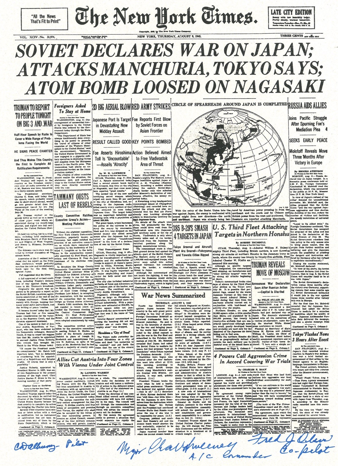 BOCKCAR C-15 CREW SIGNED NEW YORK TIMES FRONT PAGE PSA DNA AB13912 X3 COLLECTIBLE MEMORABILIA