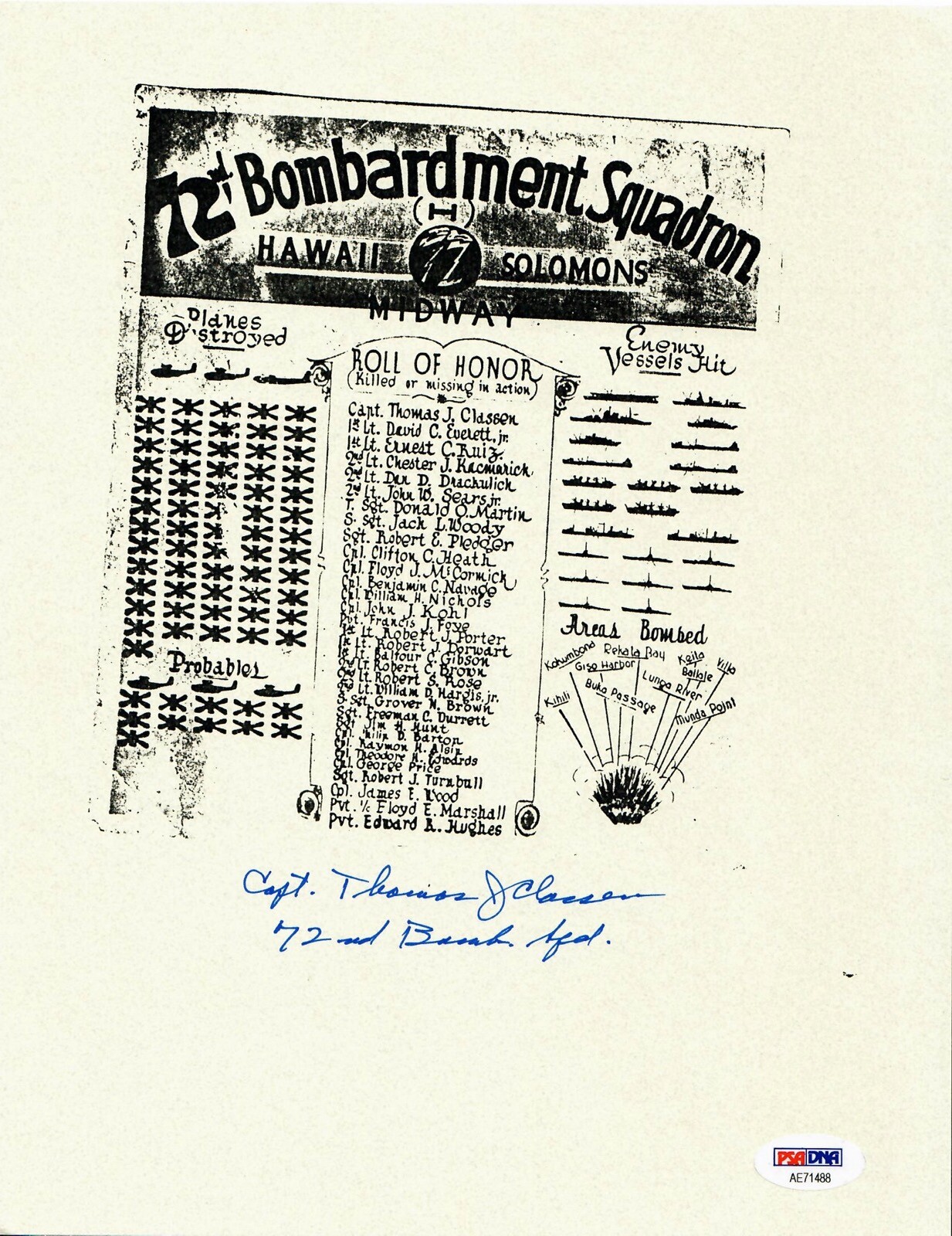 THOMAS CLASSEN SIGNED ROLL OF HONOR DOCUMENT PSA DNA AE71488 (D) WWII 72ND BS
