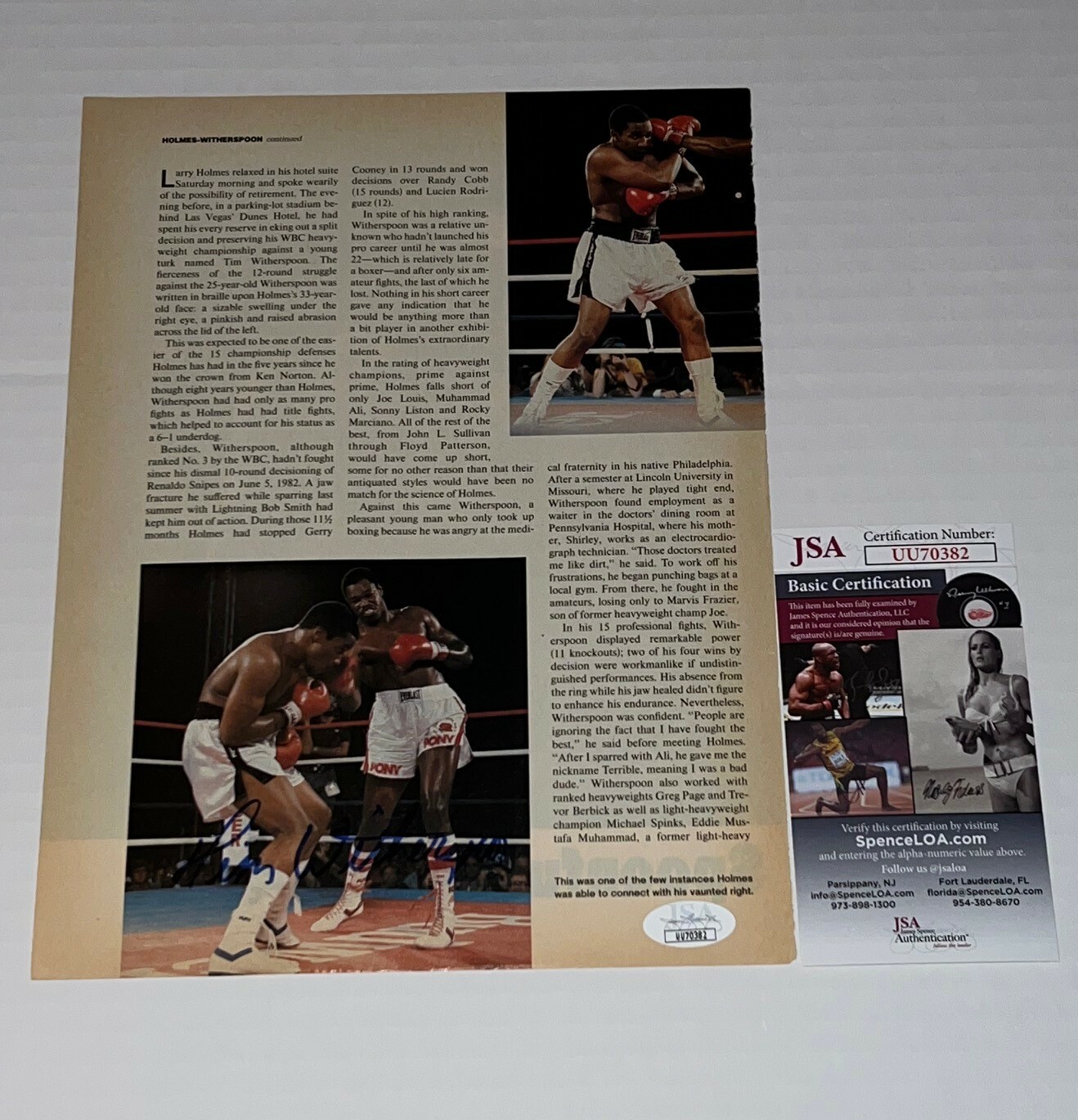 Terrible Tim Witherspoon signed Magazine Page Boxing Champ autographed 3 JSA