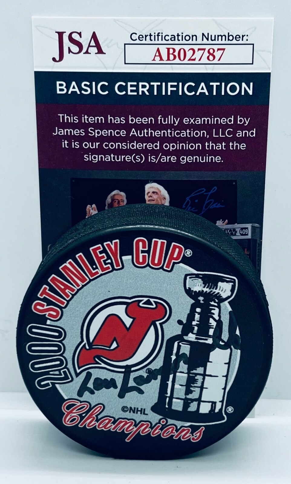 Lou Lamoriello signed New Jersey Devils 2000 Stanley Cup Champs puck JSA