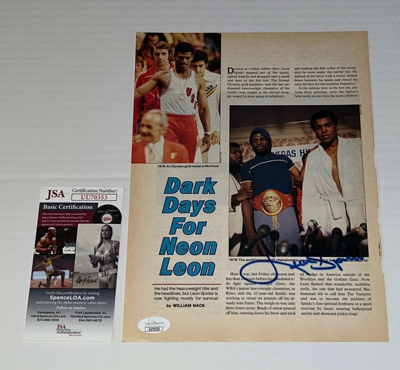 Leon Spinks signed Boxing Magazine Page Heavyweight Champ autographed 5 JSA