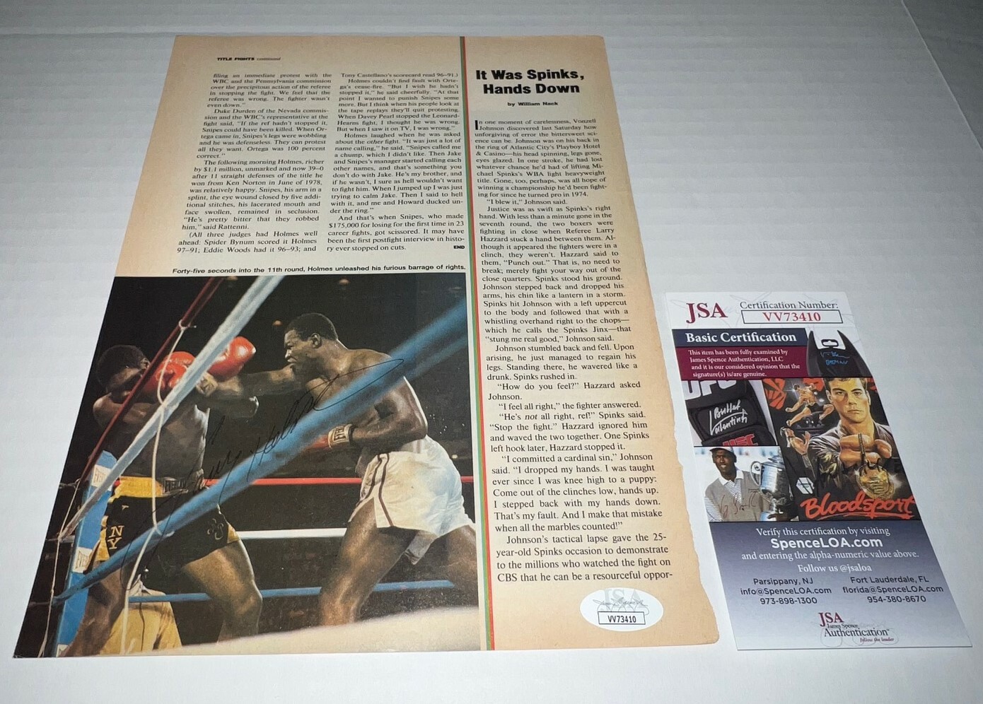 Larry Holmes Heavyweight Champ signed Boxing Magazine Page autographed JSA