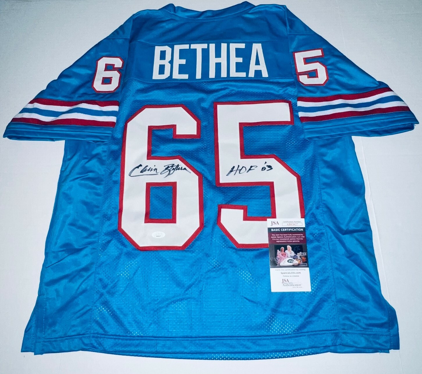 ELVIN BETHEA HOUSTON OILERS SIGNED CUSTOM JERSEY AUTOGRAPHED W/ HOF INSCRIP. JSA COLLECTIBLE MEMORABILIA