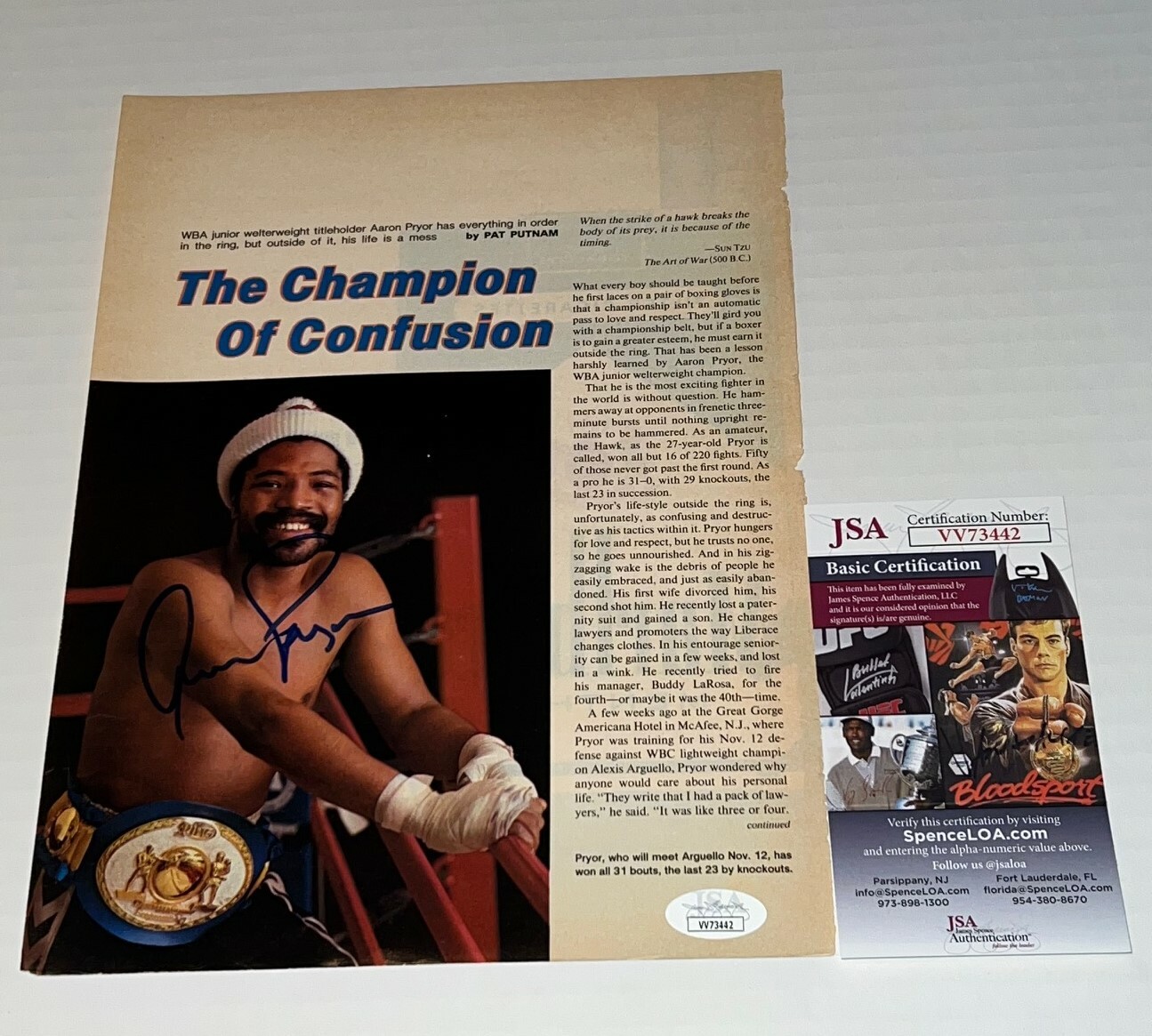 Aaron Pryor The Hawk signed Magazine Page Welterweight Champ autographed 2 JSA