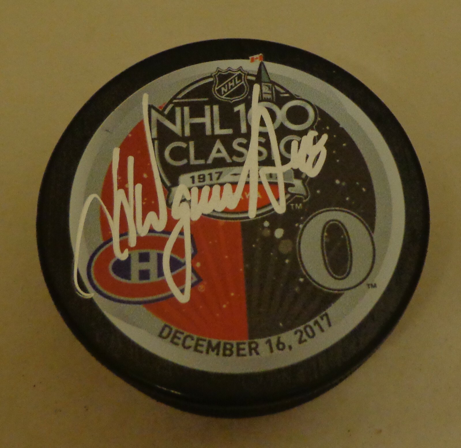 J.J. JJ Daigneault Montreal Canadiens signed 2017 NHL 100 Classic Dueling Puck
