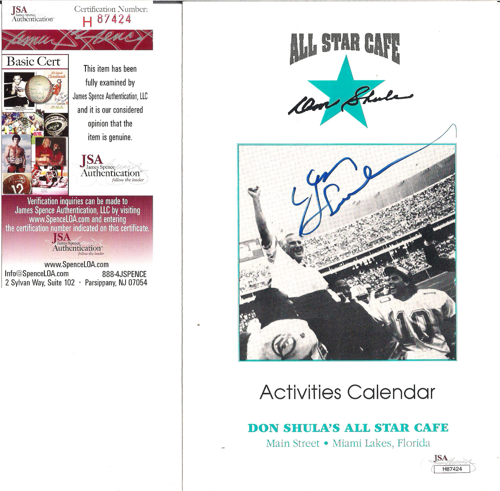 DON SHULA MIAMI DOLPHINS SIGNED ALL STAR CAFE ACTIVITIES CALENDER W/JSA
