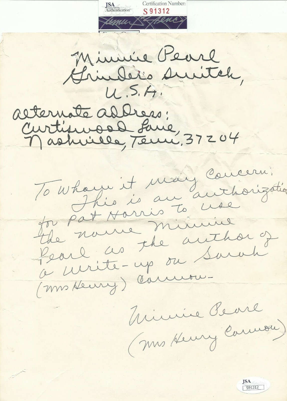 MINNIE PEARL Signed Autograph SARAH CANNON Personal Letter RARE JSA country
