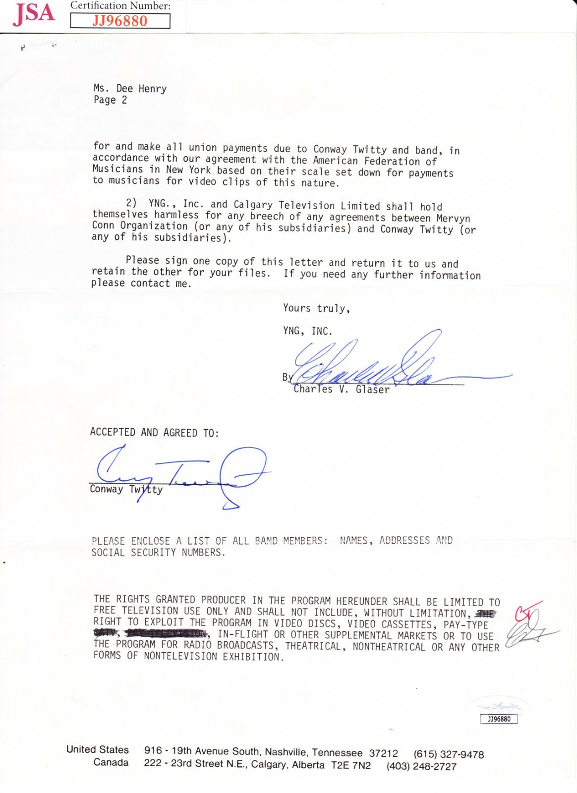 CONWAY TWITTY Signed Autograph Contract
