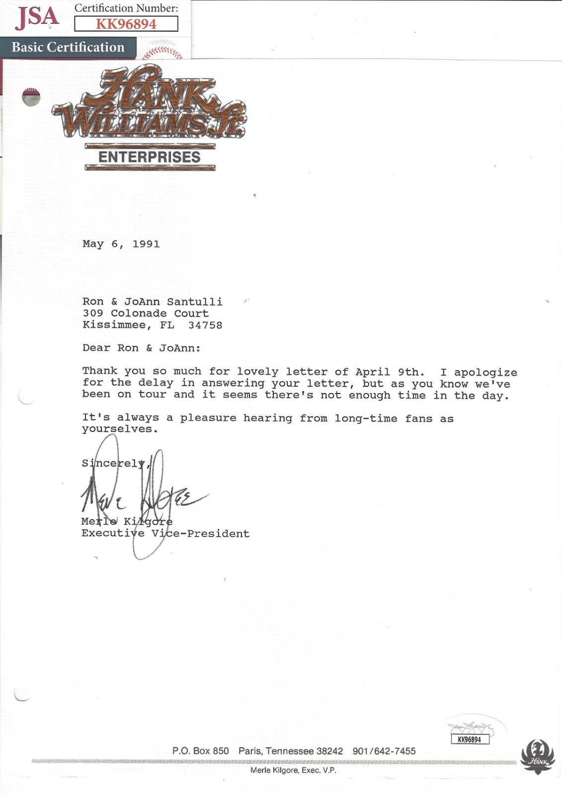 MERLE KILGORE Signed Autograph Letter on Hank Williams Jr. Letterhead JSA
