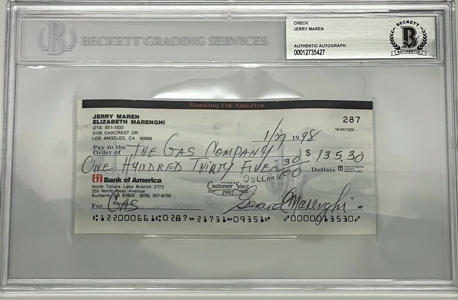 JERRY MAREN Signed Encapsulated Check Wizard of Oz Lollipop Kid Beckett
