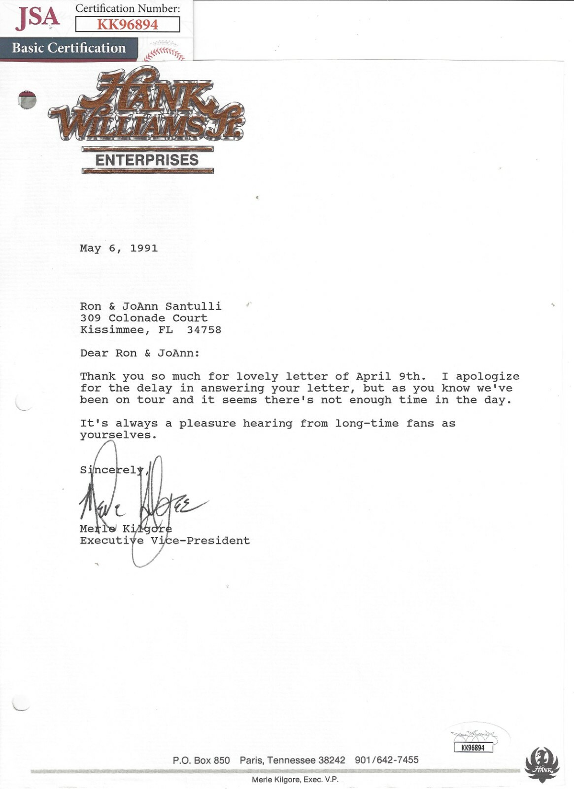 MERLE KILGORE Signed Autograph Typed Letter JSA COA
