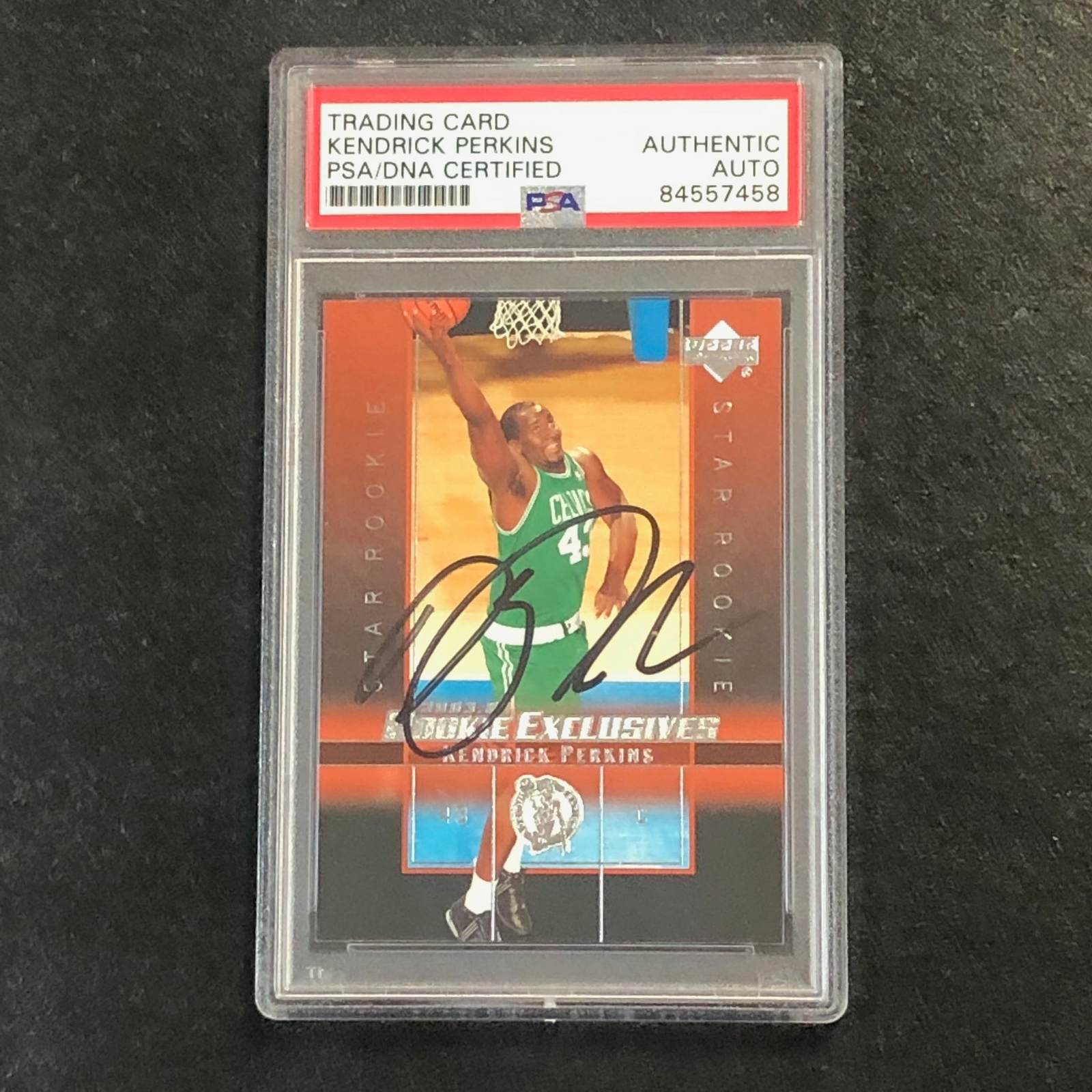 2003-04 Upper Deck Exclusives #22 Kendrick Perkins Signed Card AUTO PSA/DNA Slab
