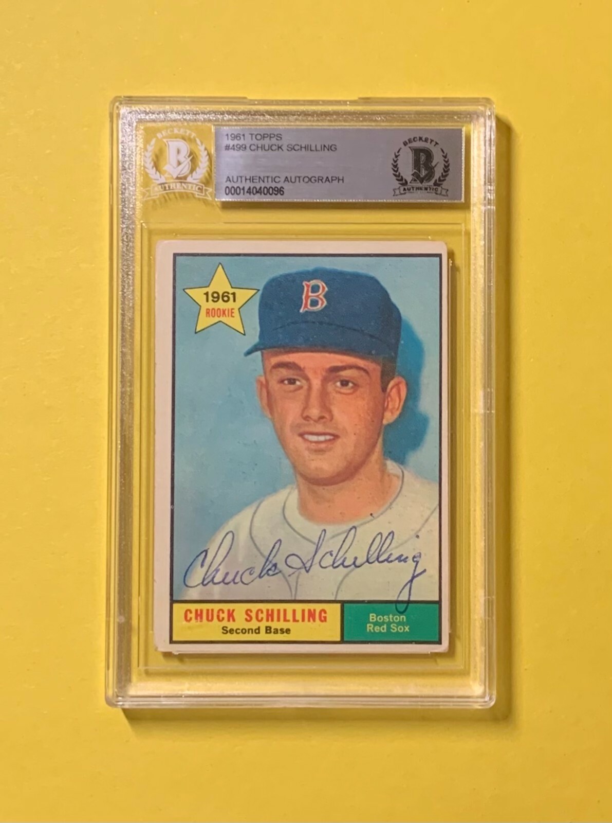 1961 TOPPS CHUCK SCHILLING #499 AUTHENTIC AUTO BECKETT CERTIFIED RED SOX
