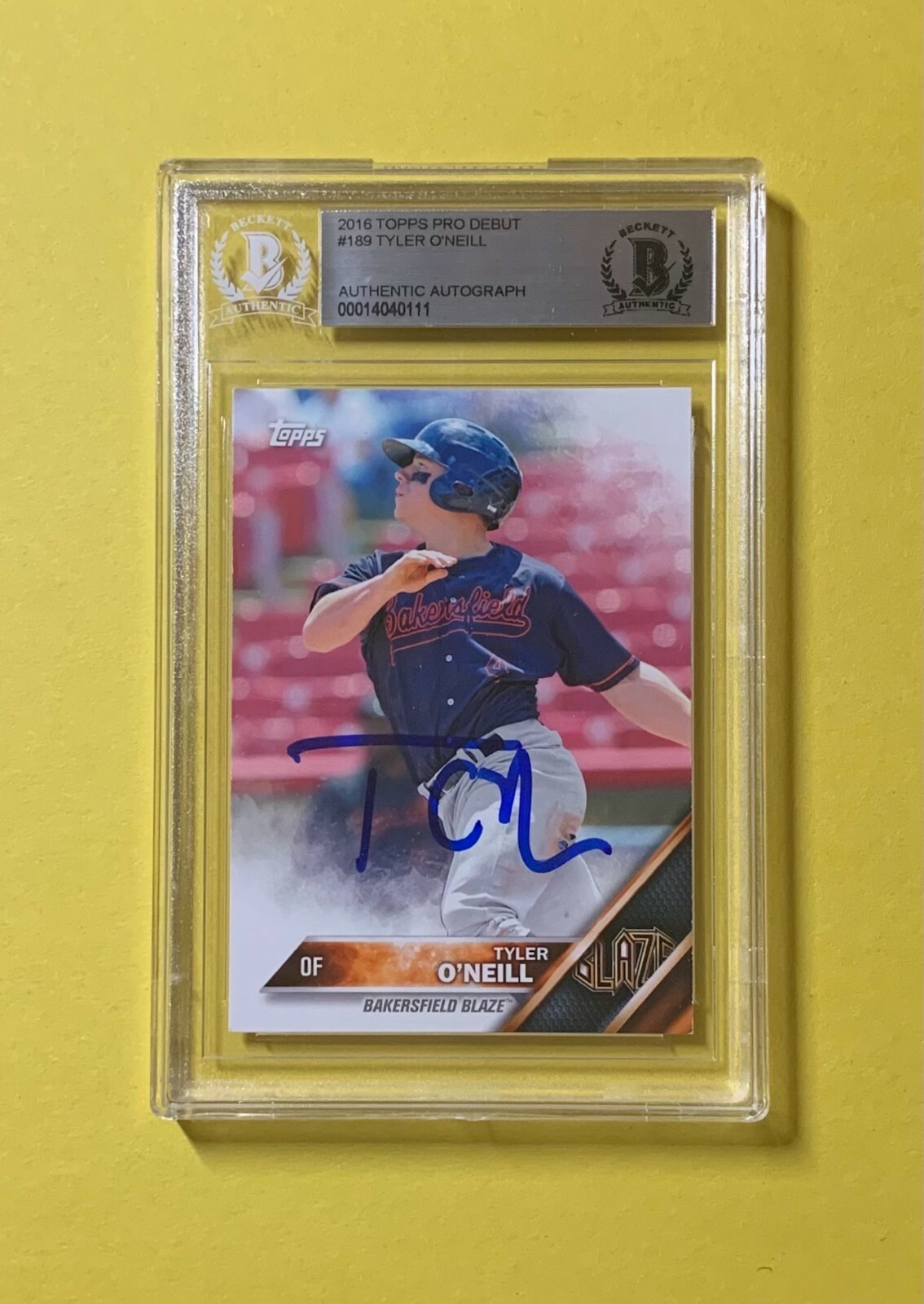 2016 TOPPS PRO DEBUT TYLER O'NEILL #189 AUTHENTIC AUTO BECKETT CERTIFIED BLAZE
