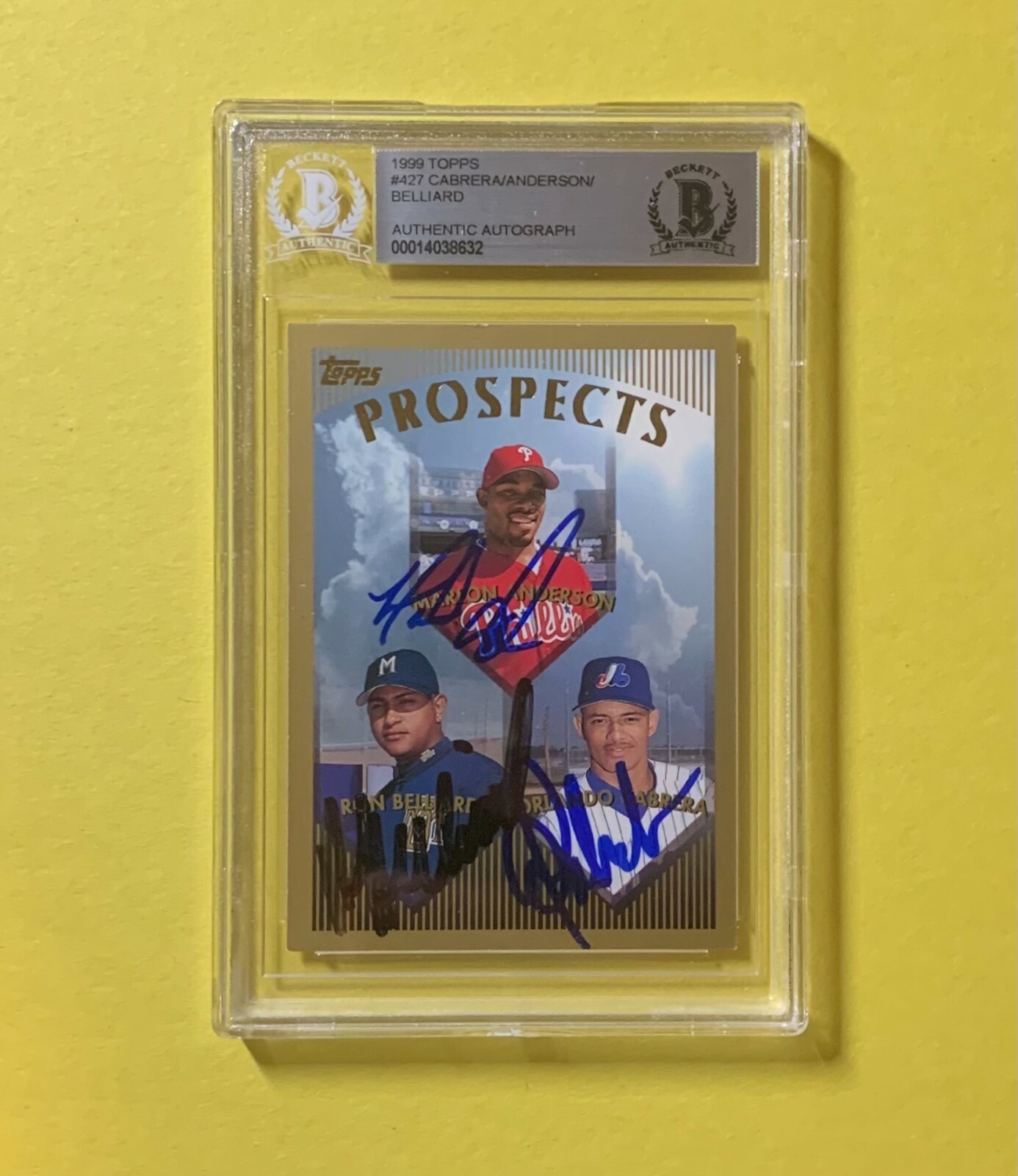 1999 TOPPS CABRERA, ANDERSON, BELLIAR #427 AUTHENTIC AUTOS BECKETT CERTIFIED
