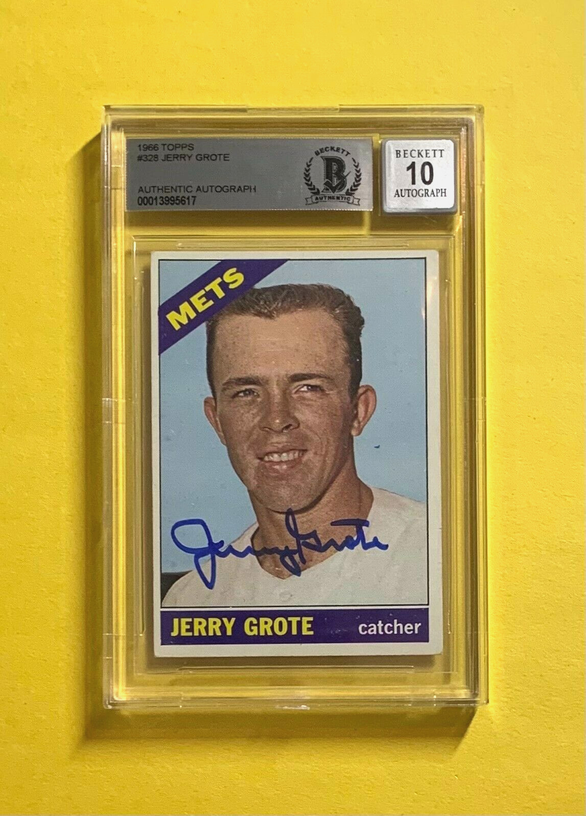 1966 TOPPS JERRY GROTE #328 SIGNED CARD BECKETT AUTH. AUTO 10 METS