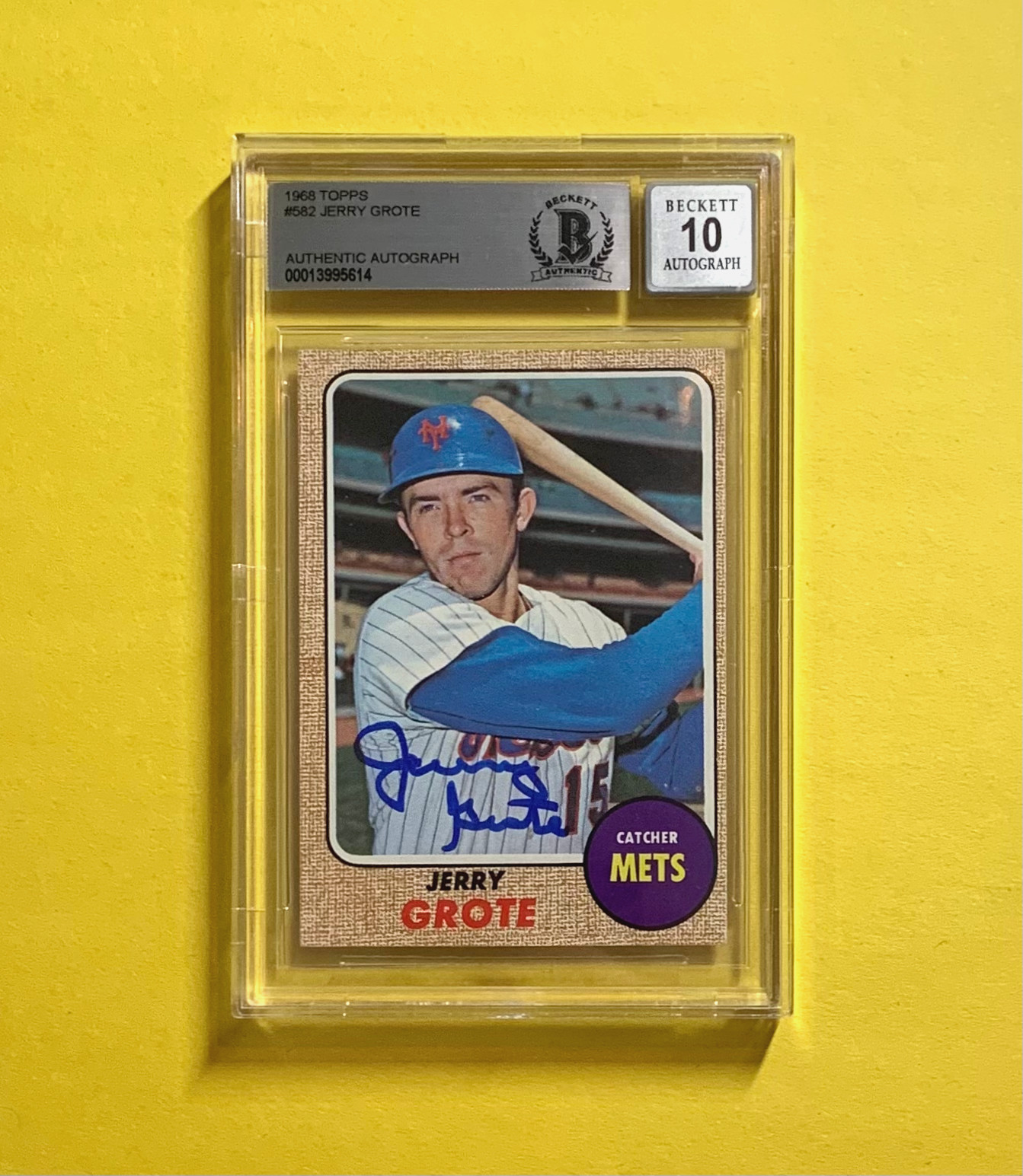 1968 TOPPS JERRY GROTE #582 SIGNED CARD BECKETT AUTH. AUTO 10 METS COLLECTIBLE MEMORABILIA
