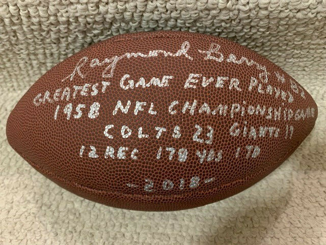 RAYMOND BERRY HAND SIGNED FULL SIZE FOOTBALL 1958 GREATEST GAME STATS JSA