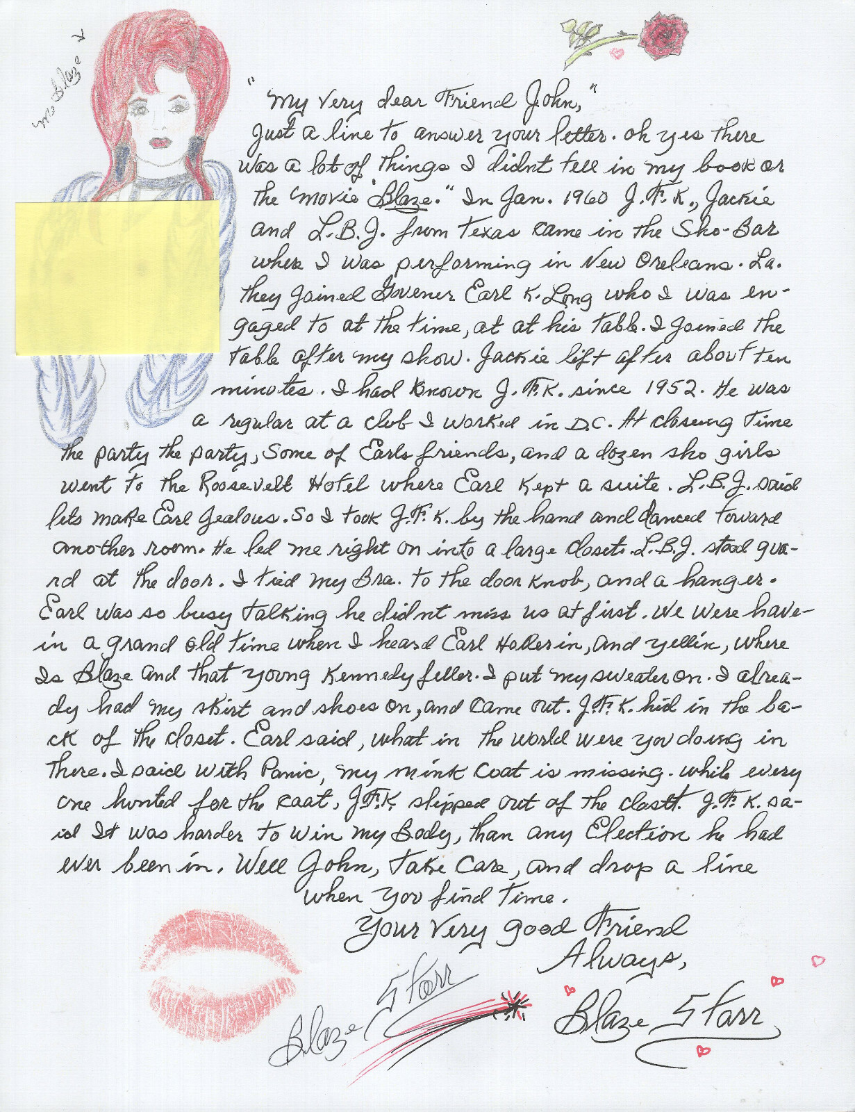 BLAZE STARR HAND SIGNED LETTER WITH JFK CONTENT+COA AWESOME+RARE