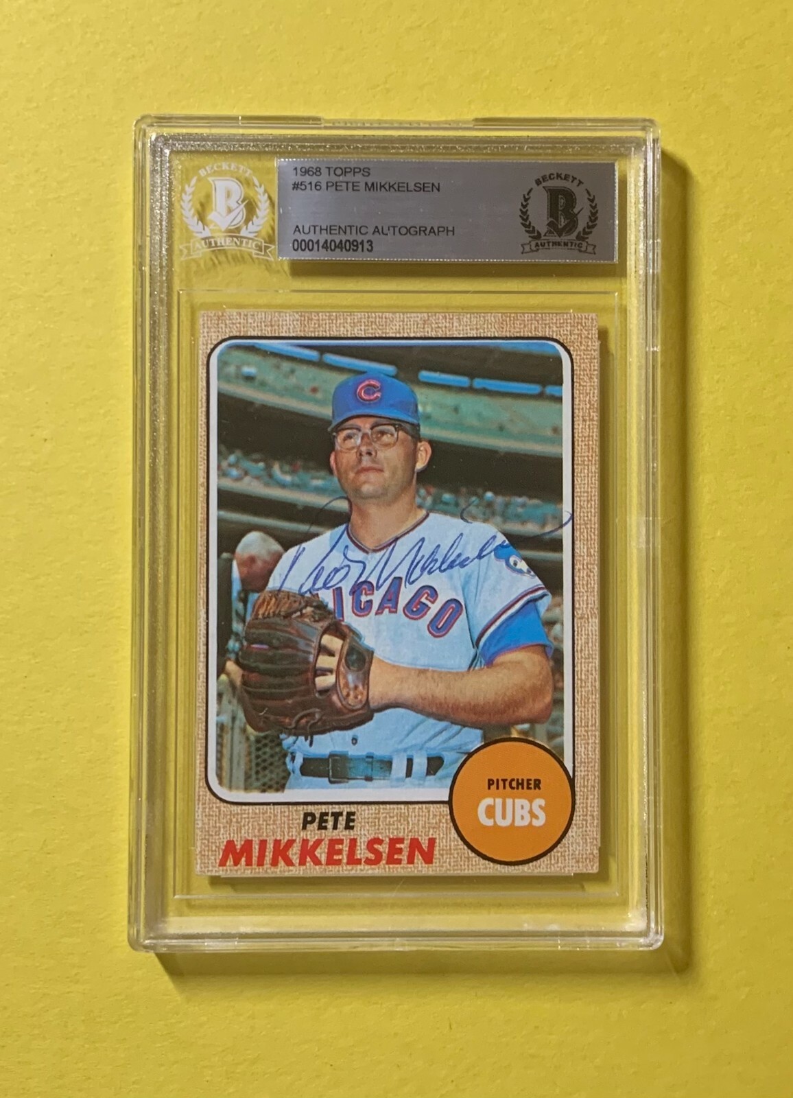 1968 TOPPS PETE MIKKELSON #516 AUTHENTIC AUTO BECKETT CERTIFIED CUBS
