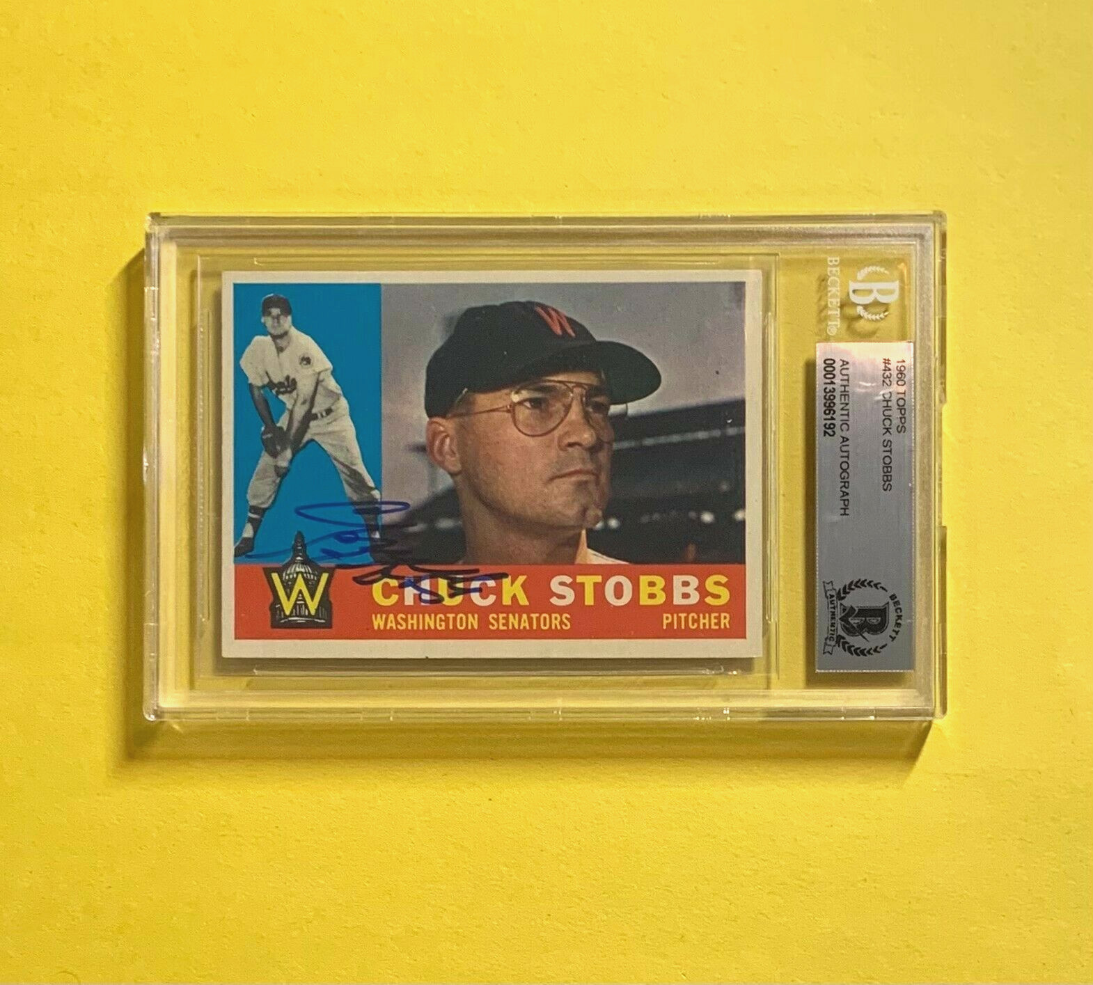 1960 TOPPS CHUCK STOBBS #432 AUTHENTIC AUTO BECKETT CERTIFIED SENATORS COLLECTIBLE MEMORABILIA