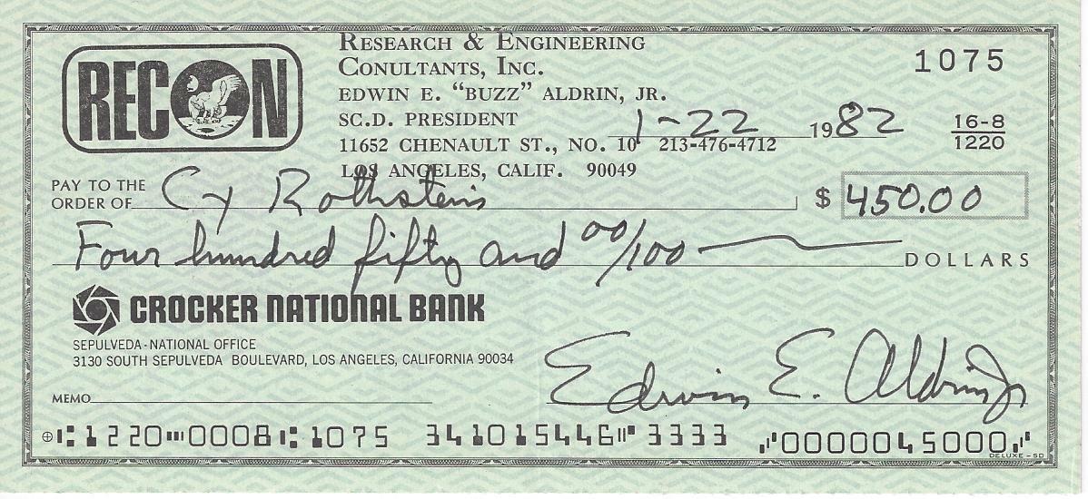 BUZZ ALDRIN Signed Autograph Check Apollo 11 Edwin Aldrin JSA LOA
