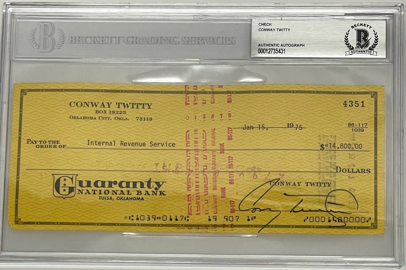 CONWAY TWITTY Signed RARE Slabbed Encapsulated IRS 1975 Check Beckett
